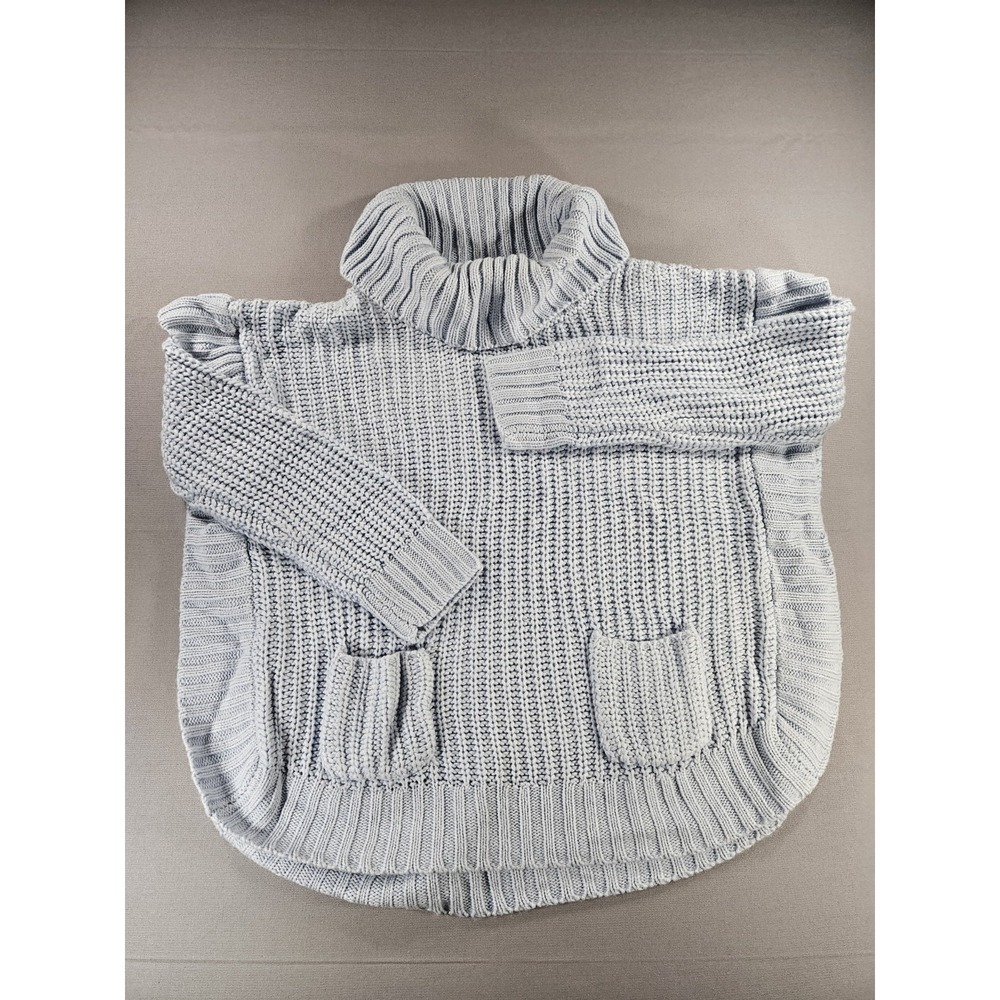 New Directions Cowl Neck Poncho Sweater Blue Chunky Cable Knit Pocket Pullover L